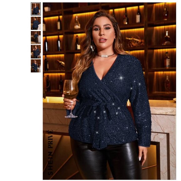 Plus Size Navy Blue Surplice Neck Belted Sequin Blouse, 2X - Picture 1 of 7
